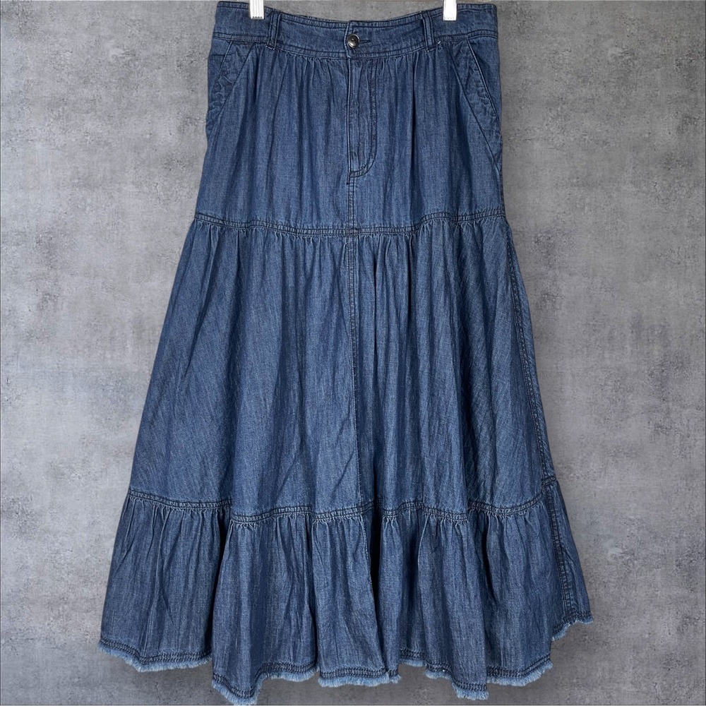 Pilcro Anthropologie Tiered Denim Maxi Broomstick Skirt Womens S Western Boho - Picture 2 of 8